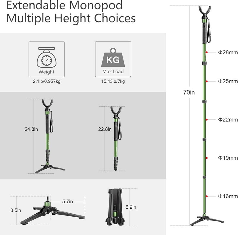 Manbily Shooting Stick Monopod with Tri-Stand Tripod Base, with Rotating and Removeable U-Shaped Yoke for Hunting, Shooting, and Outdoors-Green (G-333) - Image 5